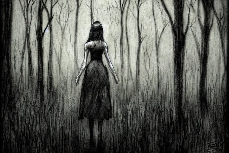 Image similar to mad girl wandering the woods artwork by ben templesmith