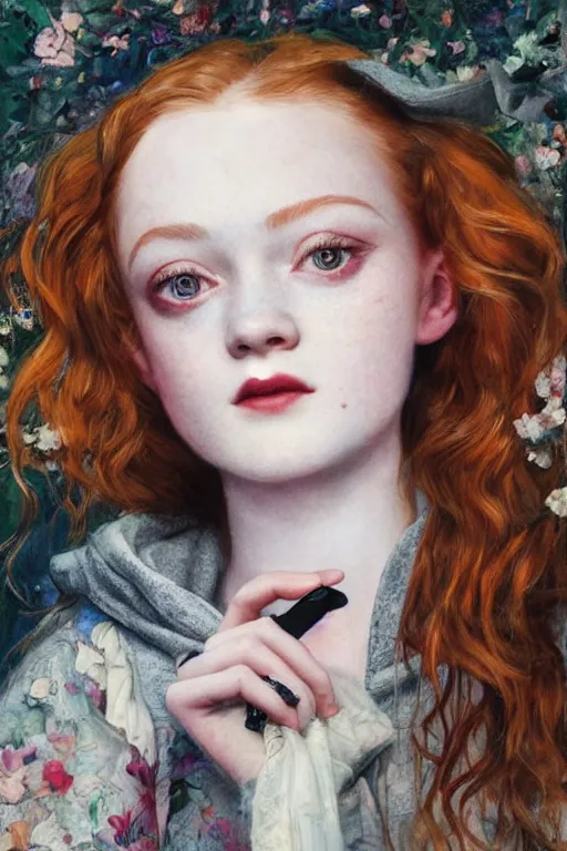 Image similar to sadie sink in a hoodie, 1 9 2 0 s fashion, fantasy, art by ayami kojima, vasnetsov, cedric peyravernay