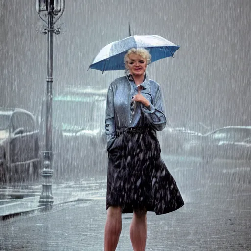 Image similar to marlin monroe leaning against a lamppost in the pouring rain, hyper realism, beautiful figure, photography