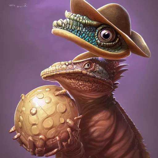 Prompt: an anthropomorphic chameleon wearing a 10-gallon hat, full body portrait, wide angle, D&D, fantasy, intricate, elegant, highly detailed, digital painting, artstation, concept art, matte, sharp focus, illustration, hearthstone, art by Artgerm and Greg Rutkowski and Alphonse Mucha