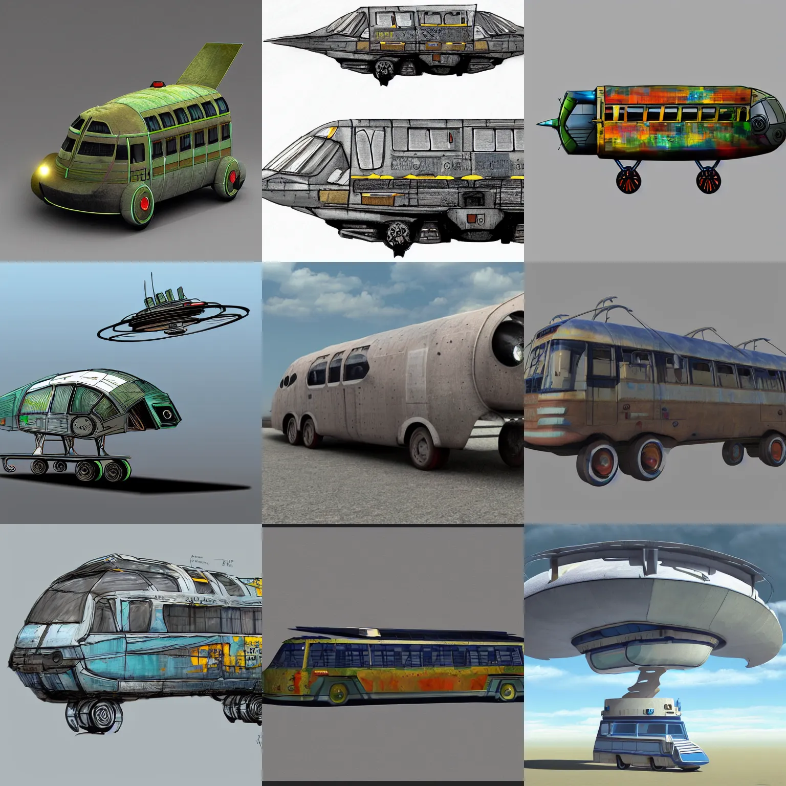 Prompt: concept design art of a spaceship made from a recycled bus