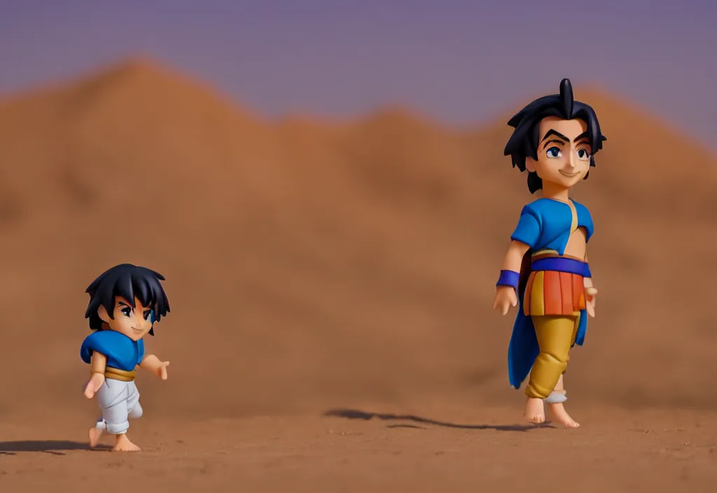 Image similar to side view of young aladdin as nendoroid walking in a desert village, 8 k, hd, dof, kodak film,