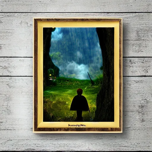 Prompt: needle felted fellowship of the ring movie poster, highly detailed, tilt shift, eerie, hyperrealism, highly textured, god rays