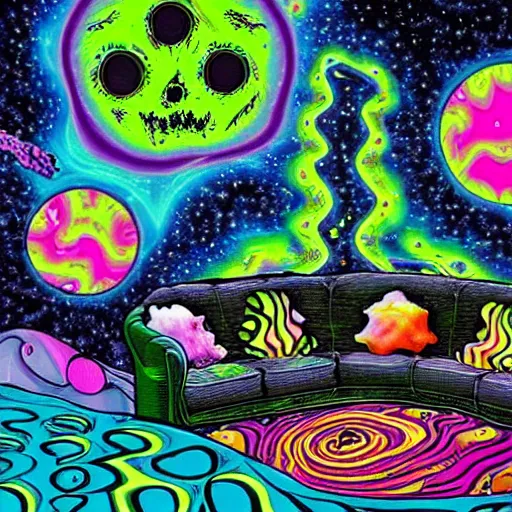 Image similar to psychedelic trippy couch in space, planets, milky way, sofa, rob zombie, arnold fischer, croissant, 1 9 9 0 grunge basement, richard parker, extremely toxic, forensic files, crazy trippy, bad trip, train with couch, chesterfield, old couch, rickety couch, stained couch