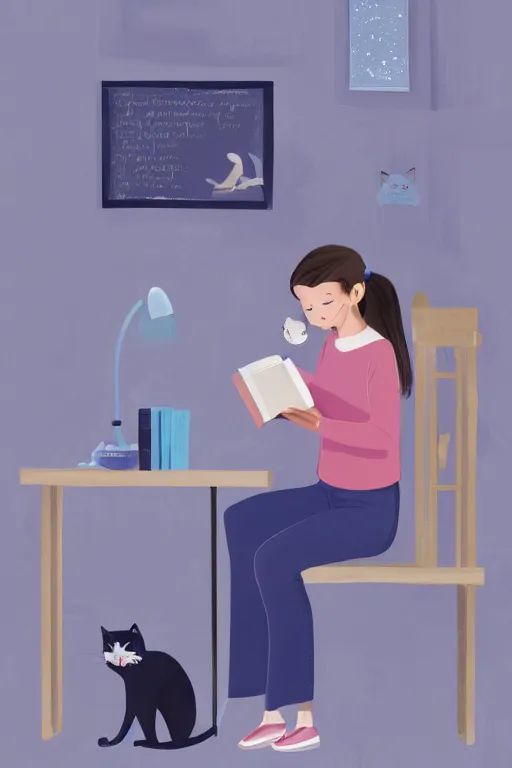 Prompt: a digital painting of a girl reading a book with a cat in A comfortable study room at night,blue and grey theme,JK uniform ,Hairdryer,blue theme,S line, by anmi and reoenl and krenz and wlop