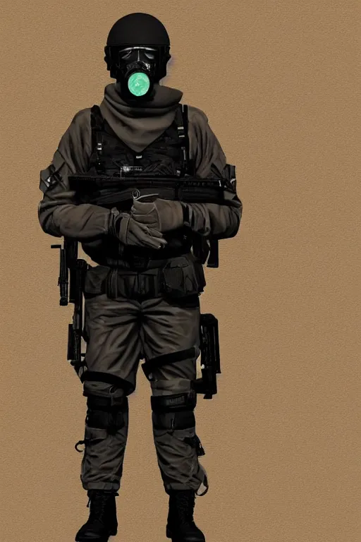 Image similar to british sas operative with the standard s 1 0 gas mask and the black uniform, 8 0 s, artstation, trending on artstation, establishing shot