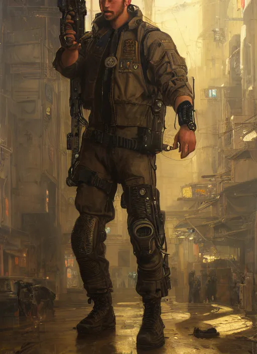 Image similar to arthur cyberpunk USN marine wearing a military vest and military jumpsuit (cyberpunk 2077, bladerunner 2049). Iranian orientalist portrait by john william waterhouse and Edwin Longsden Long and Theodore Ralli and Nasreddine Dinet, oil on canvas. Cinematic, hyper realism, realistic proportions, dramatic lighting, high detail 4k