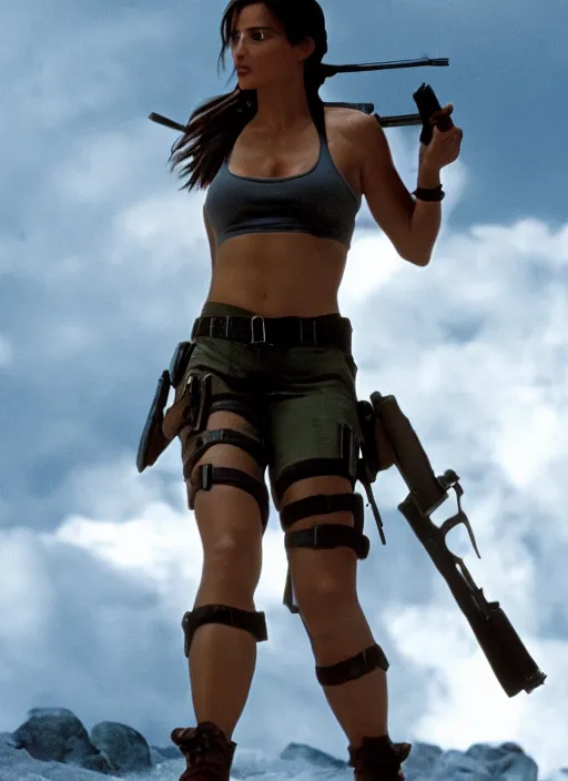 Image similar to film still of Lara Croft in Die Hard, thicc body, large chest, cinematic shot, 4k