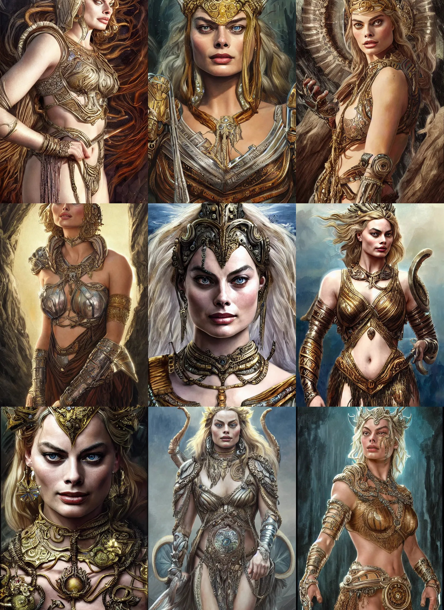 Prompt: Margot Robbie as an Atlantian Warrior Goddess, cute, fantasy, intricate, elegant, highly detailed, digital painting, 4k, HDR, concept art, detailed jewelry, smooth, sharp focus, head and waist potrait, art by Artgerm and H R Giger and Greg Rutkowski and Alphonse Mucha