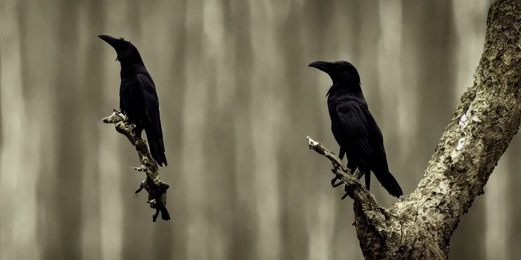 Image similar to mixture between an crow and!!!! human, photograph captured in a dark forest