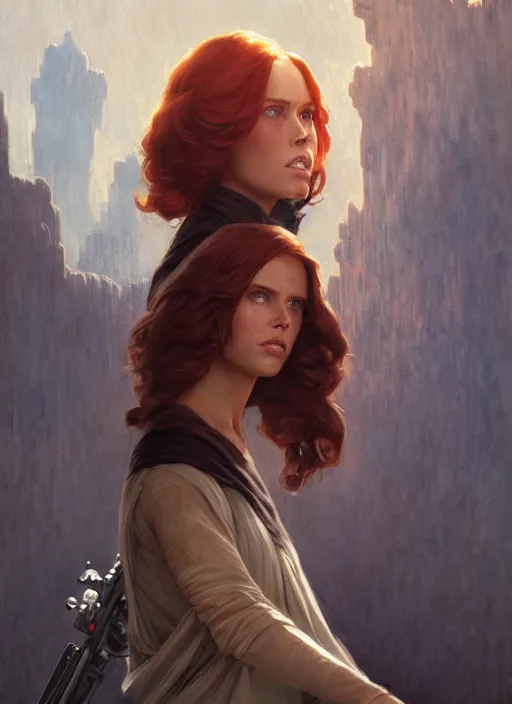 Image similar to mara jade skywalker and luke skywalker ultra detailed, deep focus, intricate painting by greg rutkowski, magali villeneuve and claude monet, trending on artstation