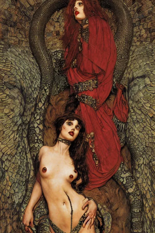 Image similar to full length portrait of serpent woman, by lawrence alma tadema and rick berry and norman rockwell and jason fabok and everett raymond kinstler