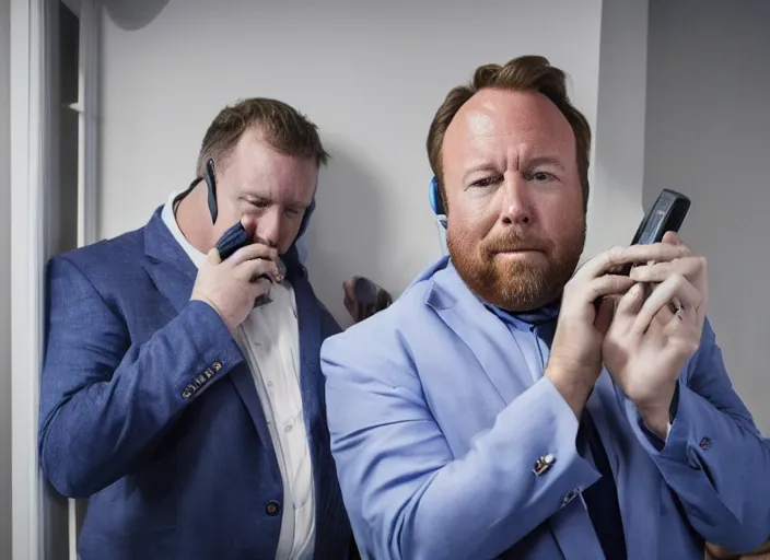 Prompt: dslr photo still of infowars host alex jones in a blue suit fat beard and mustache sitting depressed in a room filled to the ceiling with cell phones, 5 2 mm f 5. 6