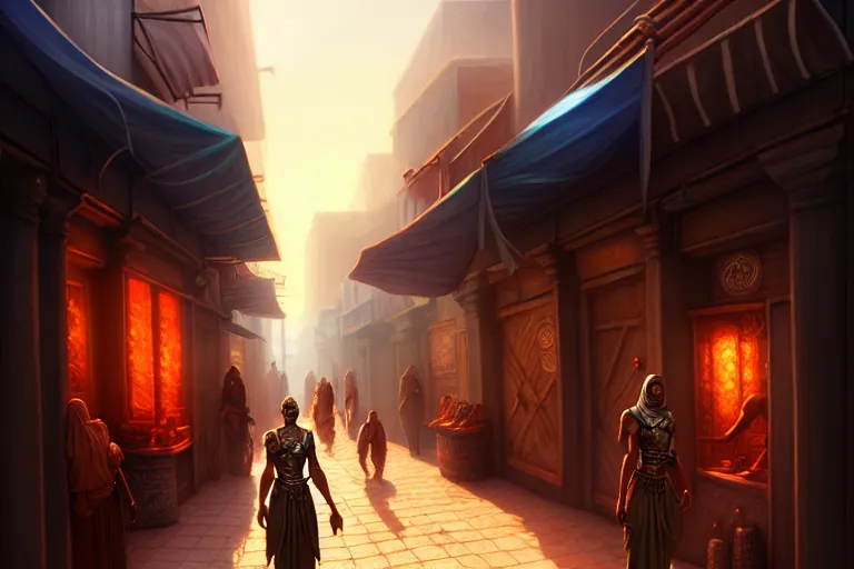 Image similar to a bazaar street in the city of tyr from athas, amazing dark sun digital painting, by gerald brom, brom digital art, intricate details, ultra realistic, beautiful art, volumetric lighting, warm colors advance cool colors recede, by brom, trending cgsociety, artstation, rim lighting, 8 k