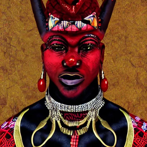 Prompt: the african trickster god of the streets who wear red and black, Esú, orisha Esú, 4K, 8K, HD, realistic.