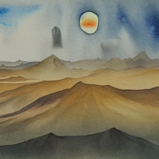 Image similar to a beautiful landscape of an alien planet, with strange terrain and manmade structures not found on earth, watercolor over graphite on vellum golden accented