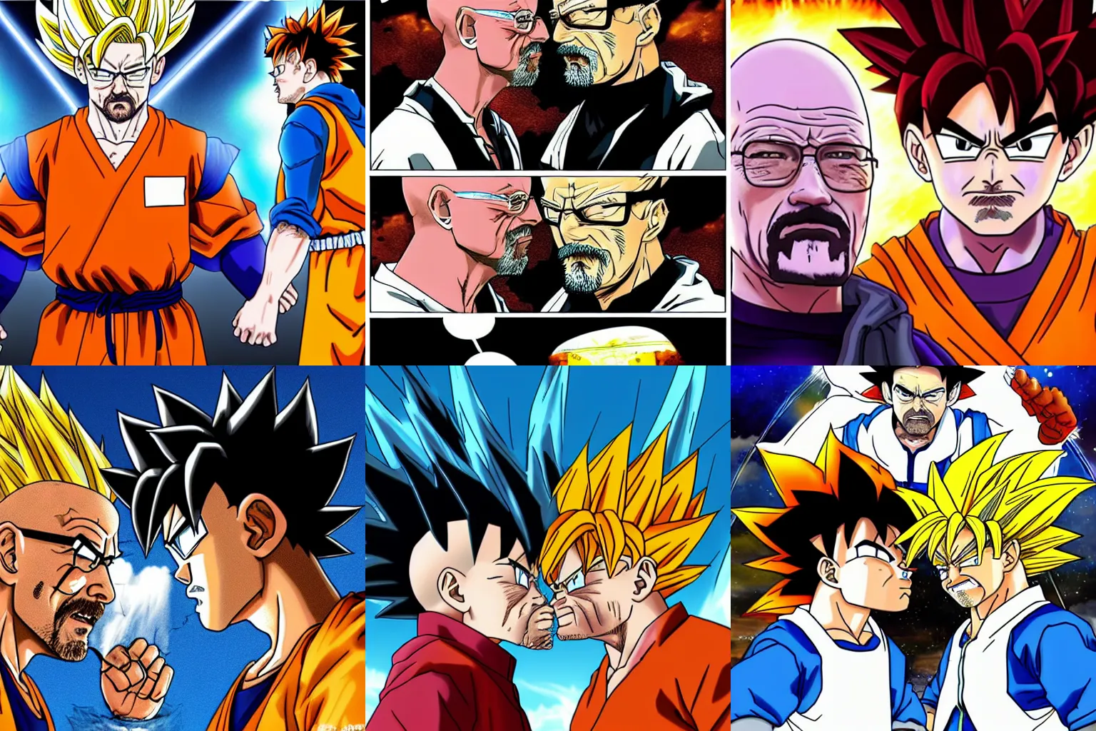 Prompt: Walter White and Goku kissing, but Goku isn't going super saiyan, he doesn't like it much, 8k,