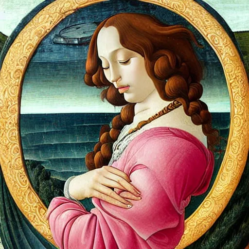 Image similar to an ultradetailed mythological oil painting of a beautiful woman with long brown hair, full body, wearing pink floral gown, lying asleep within a giant scallop shell, near the seashore, intricate lines, elegant, renaissance style, by sandro botticelli