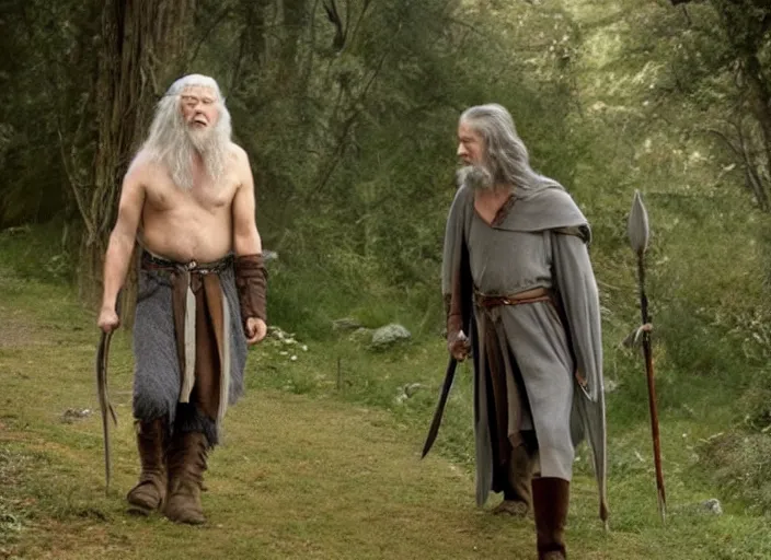 Prompt: shirtless gandalf walking in the shire