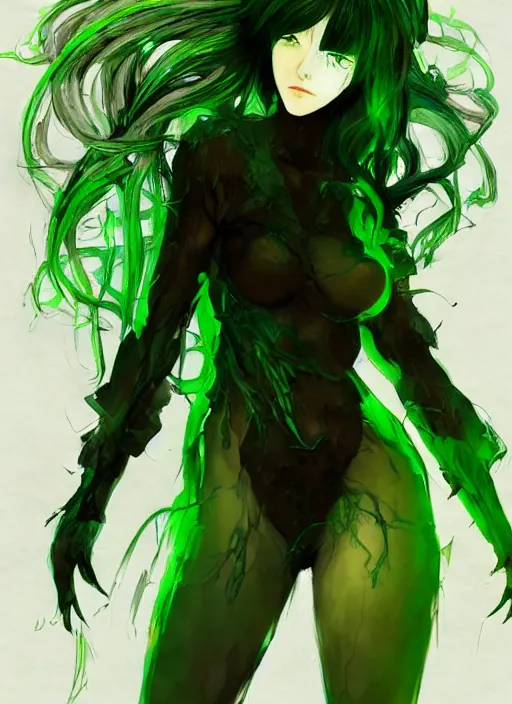 Prompt: Half body portrait of a beautiful dryad scientist with green hair and lab coat. In style of Yoji Shinkawa and Hyung-tae Kim, trending on ArtStation, dark fantasy, great composition, concept art, highly detailed.