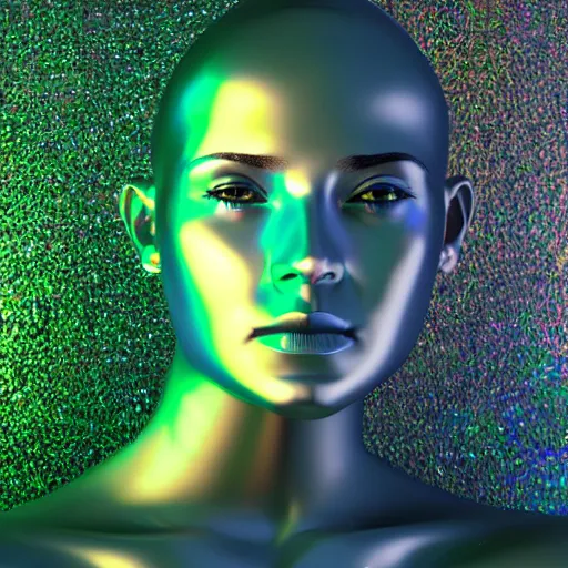 Image similar to 3d render of holographic human robotic head made of glossy iridescent, surrealistic 3d illustration of a human face non-binary, non binary model, 3d model human, cryengine, made of holographic texture, holographic material, holographic rainbow, concept of cyborg and artificial intelligence