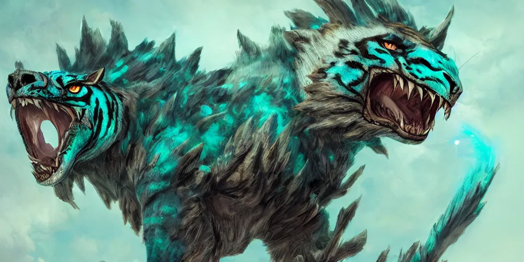 Image similar to Ghostly tiger creature made out of turquoise energy character design sheet, Monster Hunter Illustrations art book, Bright sparks, claws, huge sabertooth fangs, Moebius, Greg Rutkowski, Zabrocki, Karlkka, Jayison Devadas, Phuoc Quan, trending on Artstation, 8K, ultra wide angle, zenith view, pincushion lens effect.