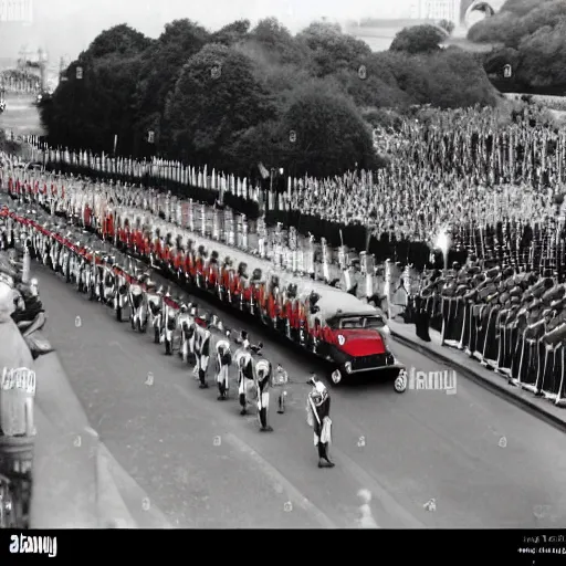 Prompt: The British armed forces parade in the magical mystery tour bus news footage