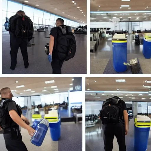 Prompt: Airport security guards stuffing large bottles of water and shampoo into their backpacks, laughing and laughing