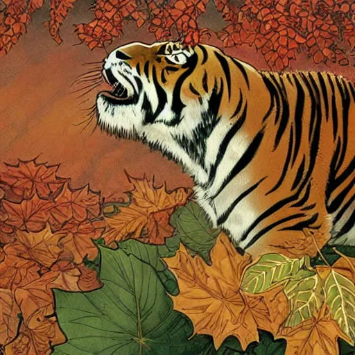 Image similar to a highly detailed cartoon tiger is flapping a leaf fan, sweating, autumn leaves on the ground, concise lines, ultradetailed environment, sharp focus, cinematic lighting, by alphonse maria mucha and kim jung gi