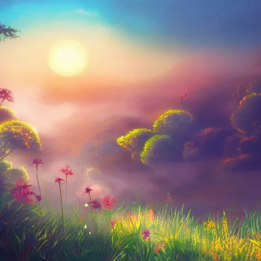 Prompt: a painting of a garden in the heavens by studio ghibli, golden hour, dreamy, misty, cool, detailed