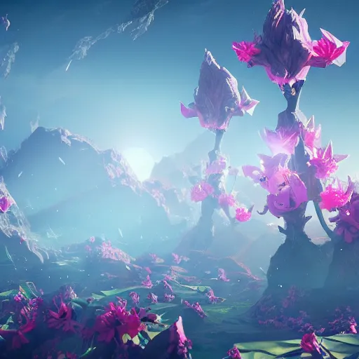 Image similar to an epic flowering alien landscape in the style of origami, 8 k, cinematic light, artstation