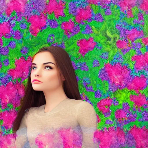 Prompt: a 3 d close up image of a beautiful young women looking at the camera surrounded by lush flowers impressionism, pop