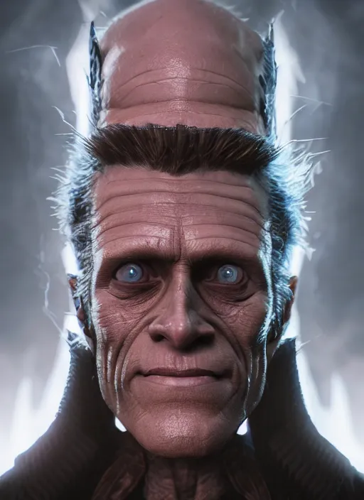 Prompt: A fantasy comic book style portrait painting of Willem Dafoe as a necromancer in dark castle setting, unreal 5, DAZ, hyperrealistic, octane render, RPG portrait, dynamic lighting