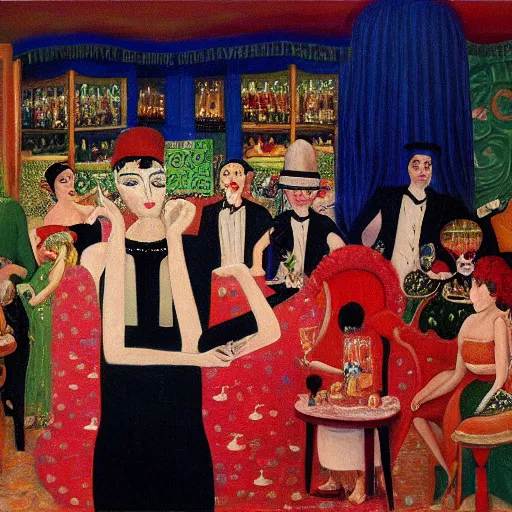 Image similar to oil painting of a satirical speakeasy by florine stettheimer