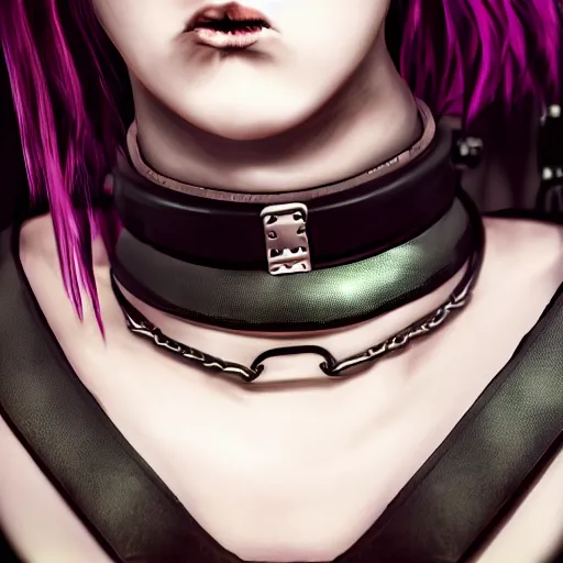 Image similar to detailed realistic female character cyberpunk wearing thick steel collar around neck, realistic, art, beautiful, 4K, collar, choker, collar around neck, punk, artstation, detailed, female, woman, choker, cyberpunk, neon, punk, collar, choker, collar around neck, thick collar, choker around neck, wearing choker, wearing collar, eyes, thick collar,