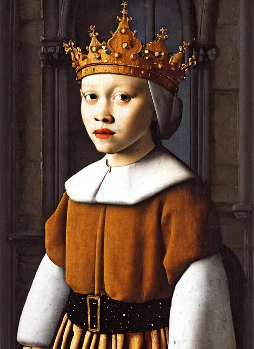 Image similar to portrait of a young king with a crown, medieval painting by Jan van Eyck, Johannes Vermeer, Florence