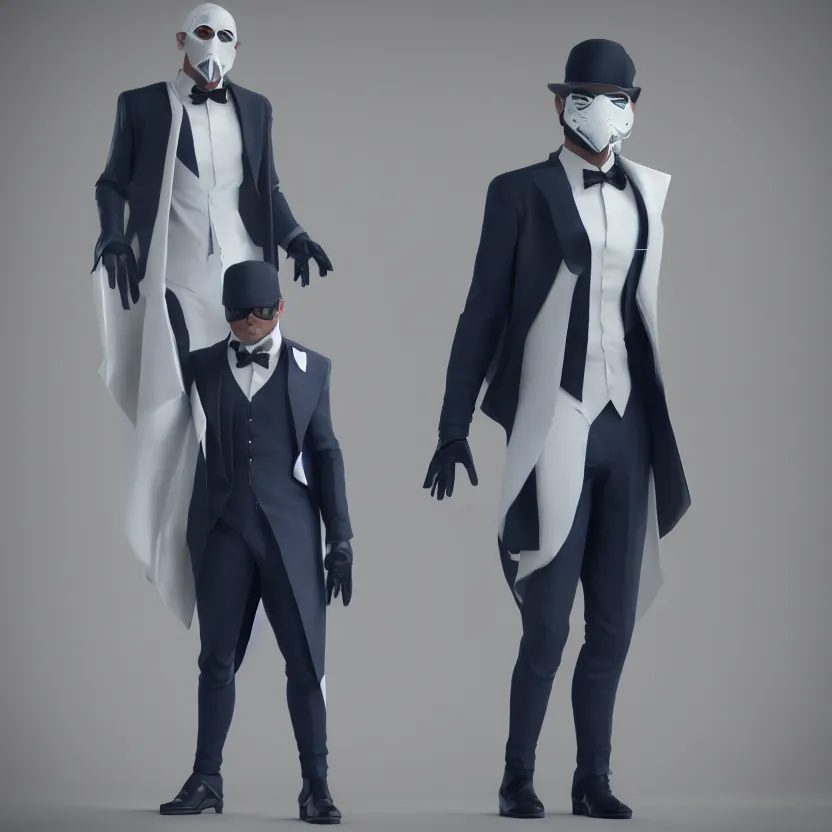 Prompt: A game character wearing a dark formal overcoat and a white mask, highly detailed, high quality, 8k HDR,octane render, blue background, full-body, cinematic