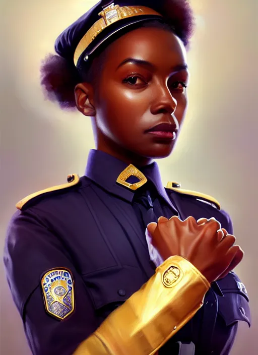 Image similar to full body portrait of young black woman as a police officer holding handcuffs, police uniform, intricate, beautiful and elegant, highly detailed, digital painting, artstation, concept art, smooth, sharp focus, illustration, art by wlop, mars ravelo and greg rutkowski