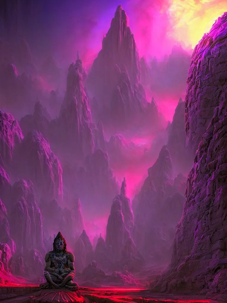 Image similar to entrance to ethereal realm, shiva waiting, rendered in unreal engine, central composition, symmetrical composition, dreamy colorful cyberpunk colors, 6 point perspective, fantasy landscape with anthropomorphic!!! terrain!!! in the styles of igor morski, jim warren, and rob gonsalves, intricate, hyperrealistic, volumetric lighting, neon ambiance, distinct horizon