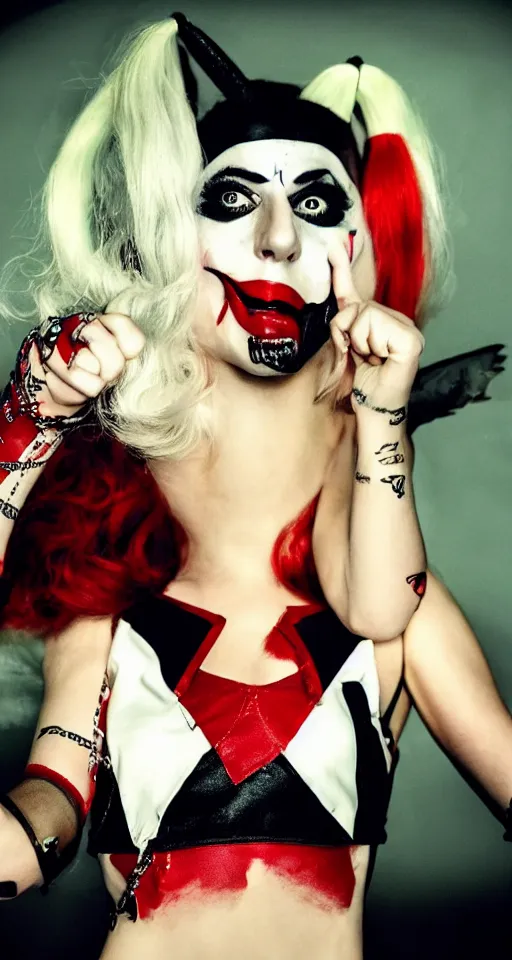 Prompt: photograph of Lady Gaga portraying Harley Quinn in a dancing pose in the movie Joker 2023, moody lighting, award winning photo by Annie Leibovitz, 4k