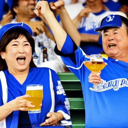 Image similar to a middle aged couple cheering on the Yokohama Baystars Japanese baseball team while drinking beer.