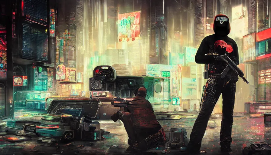 Image similar to elmo!! holding a pistol in cyberpunk, digital art, rendering, hyperrealistic, photorealism