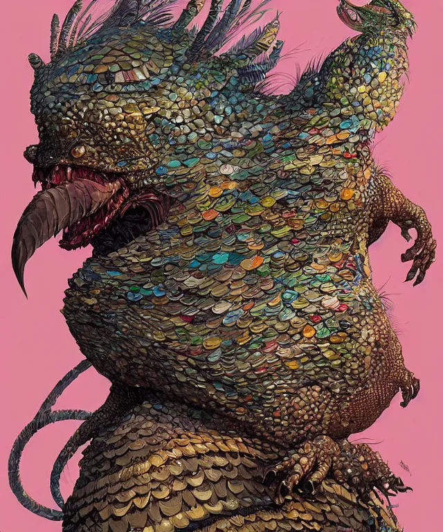 Image similar to a creature covered in scales and feathers spitting acid, fantasy, elegant, digital painting, artstation, concept art, matte, sharp focus, illustration, art by geof darrow and justin gerard