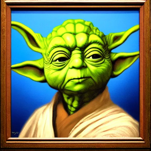 Prompt: a portrait painting of yoda from star wars in a renaissance style hanging in the louvre