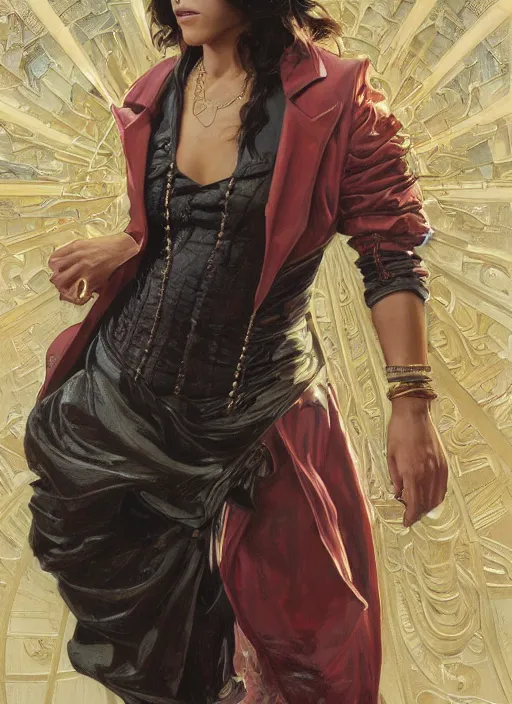 Image similar to Michelle Rodriguez as feisty latino woman wearing coat, portrait, intricate, elegant, highly detailed, centered, digital painting, artstation, concept art, smooth, sharp focus, illustration, art by artgerm and donato giancola and alphonse mucha