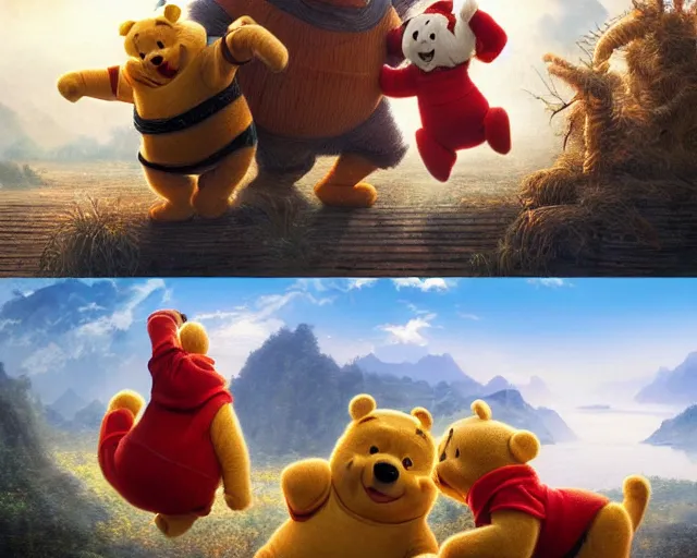 Image similar to chinese president xi jinping and winnie the pooh are best friends, cinematic composition, epic dramatic lighting, realistic, hyperdetailed, photorealistic, photograph, epic scale by gaston bussiere