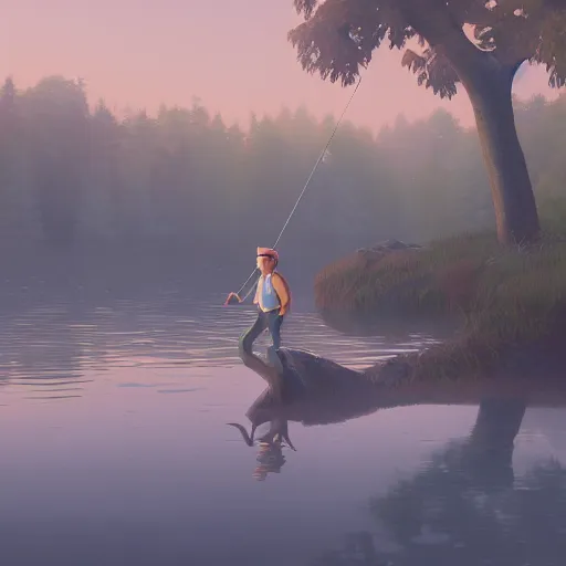 Image similar to painting of otter-fishman with fishing rod, stylized, octane render, morning forest river, Ghibli style, godraze, volume light