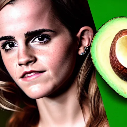 Prompt: portrait photograph of emma watson but her skin is replaced with avocado skin