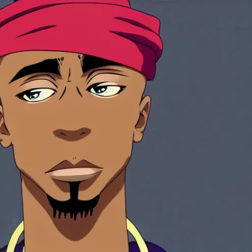 Image similar to Tupac Shakur, screenshot from a 2012s anime