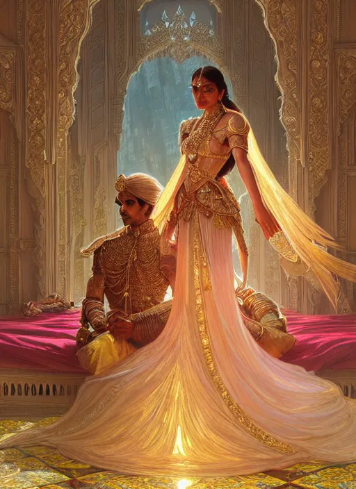 Image similar to an indian prince and princess in a palace, shiny, fantasy, intricate, elegant, hyper detailed, ultra definition, photoreal, artstation, unreal engine rendered, concept art, smooth, sharp focus, illustration, art by artgerm and greg rutkowski and alphonse mucha and garis edelweiss